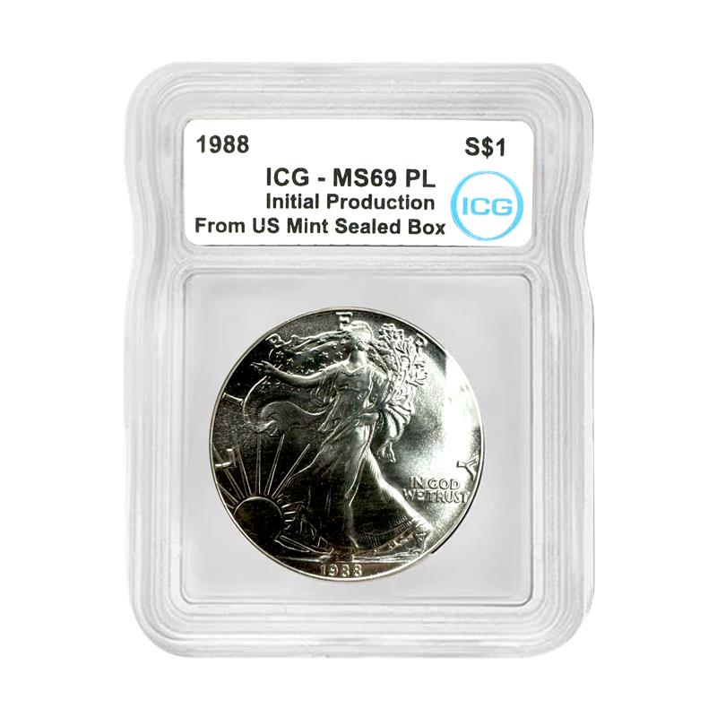 1988 Silver Eagle - Initial Production from US Mint Sealed Box - ICG MS69 PL - CoinsTV