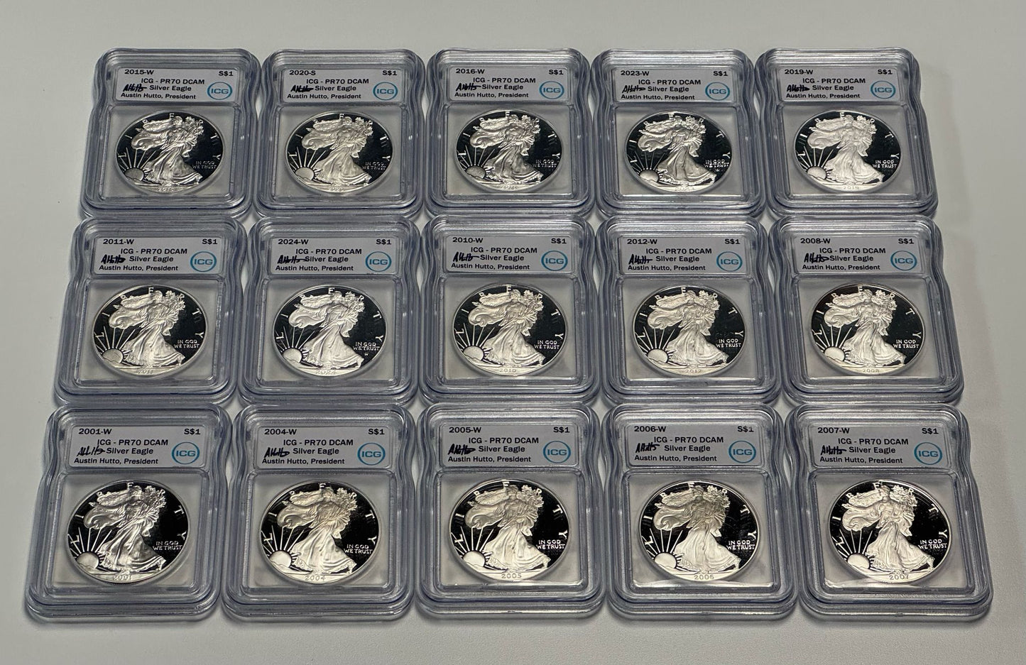 Silver Eagle - ICG PR70 DCAM - Austin Hutto Signature Label Grab Bag - CoinsTV