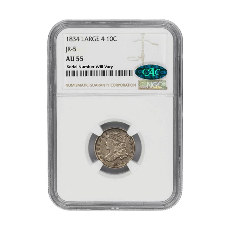 1834 Large 4 Capped Bust Dime - JR-5 - NGC AU55 CAC - CoinsTV
