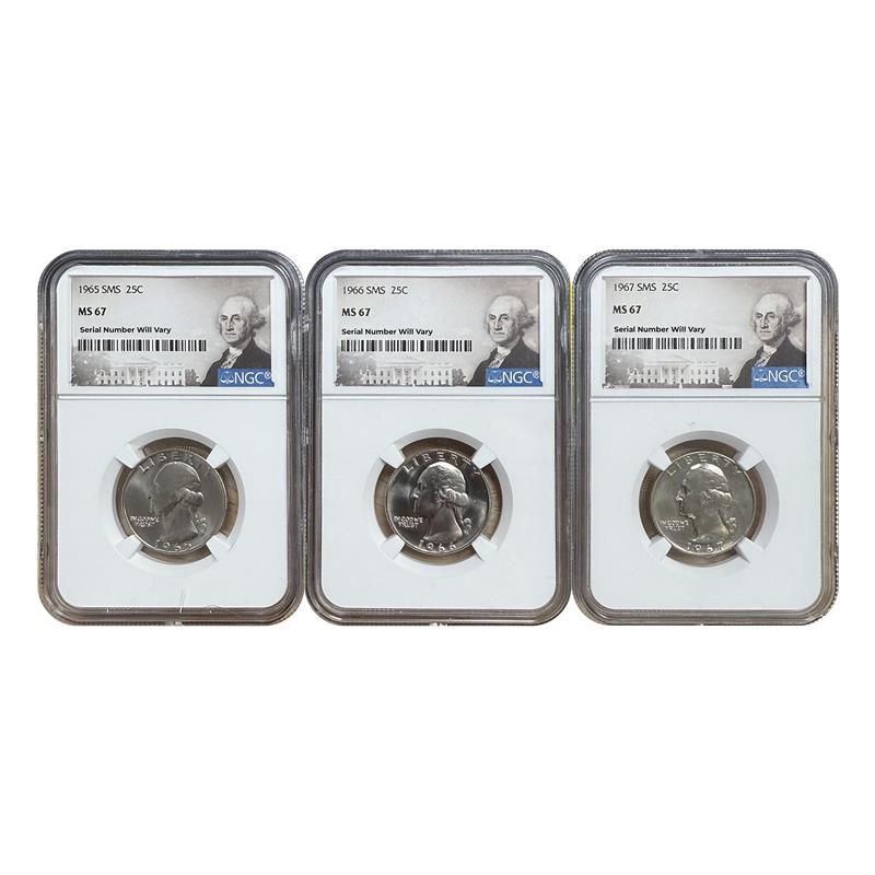 1965-67 Washington Quarter - Special Mint Set - NGC MS67 Portrait Label 3 pc. Set - CoinsTV