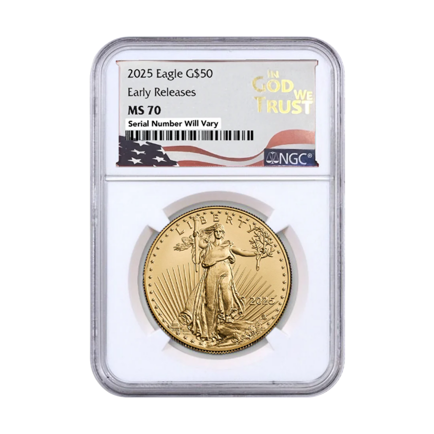 2025 $50 Gold Eagle in God We Trust Label - NGC MS70 Early Releases