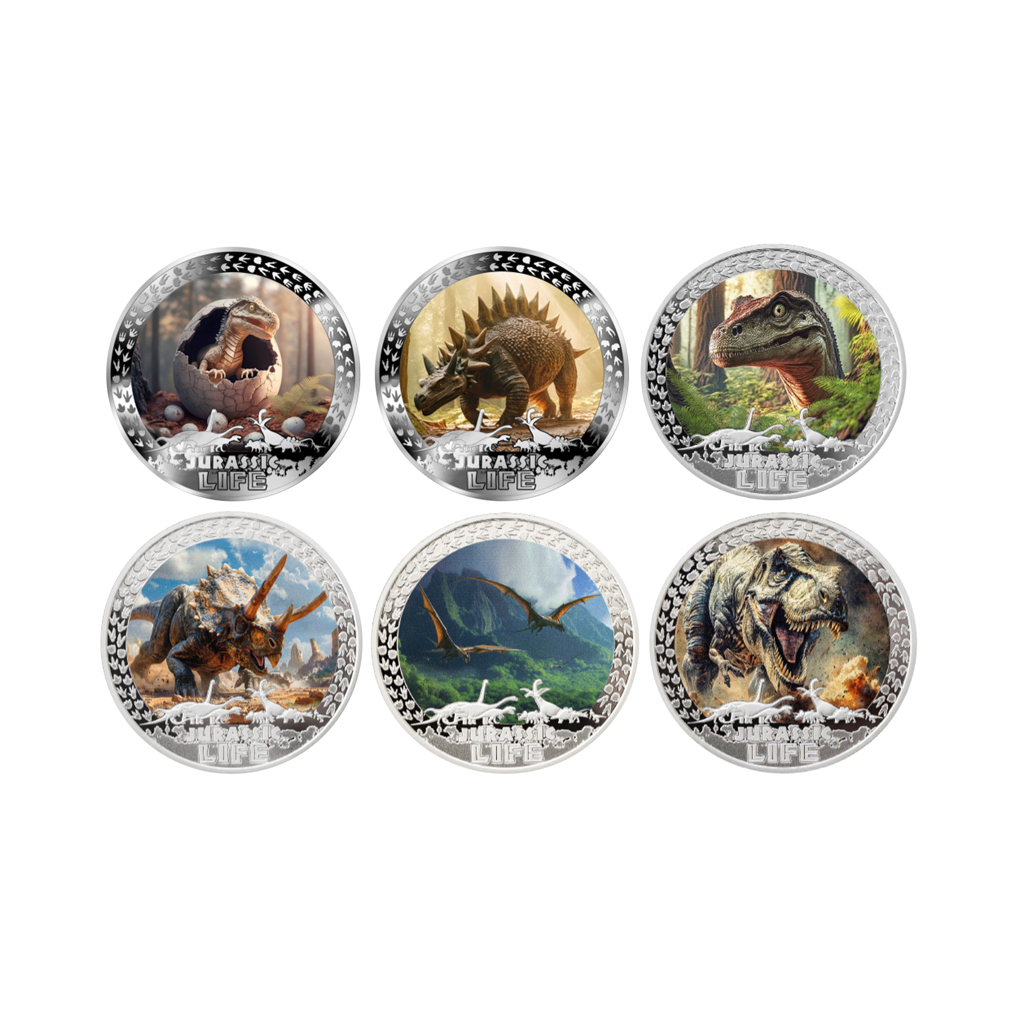 2025 Liberia Jurassic Life Dinosaurs 6 x 1 oz Silver Coin Set