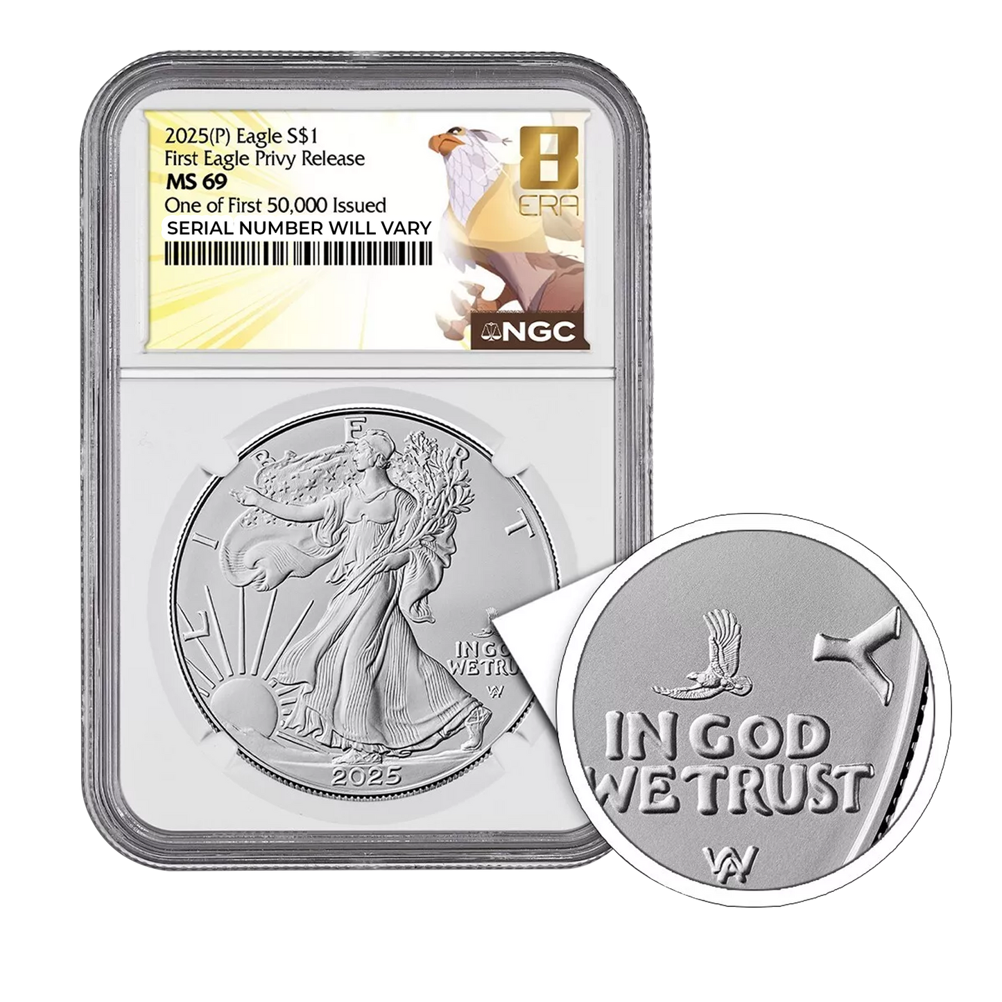 2025 (P) Silver Eagle - First 50,000 Issued - NGC MS69 First Eagle Privy Release 8 Era Label - CoinsTV