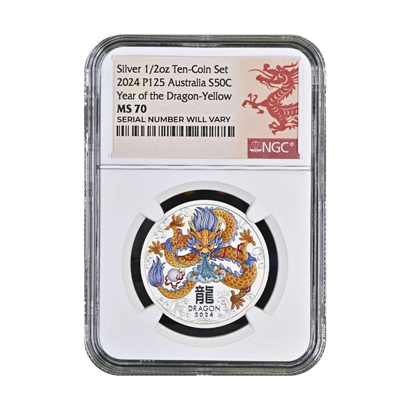 2024 Silver Lunar Year of the Dragon 1/2 oz Silver - Year of Dragon Yellow - NGC MS70 - CoinsTV