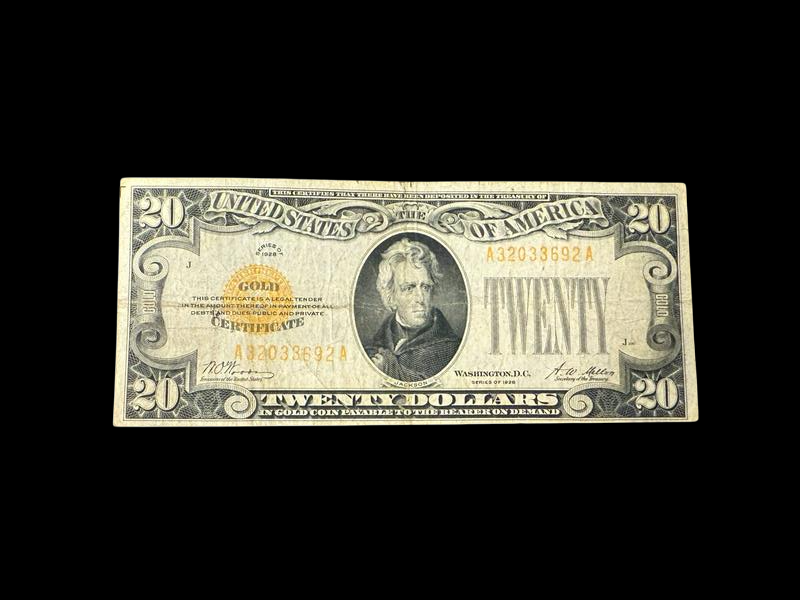 1928 $20 Gold Certificate - Yellow Seal - CoinsTV