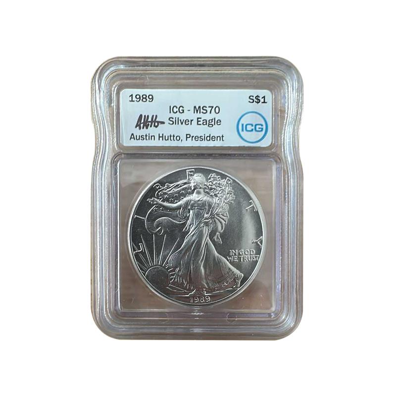 1989 Silver Eagle - Austin Hutto Signature Label - ICG MS70 | CoinsTV