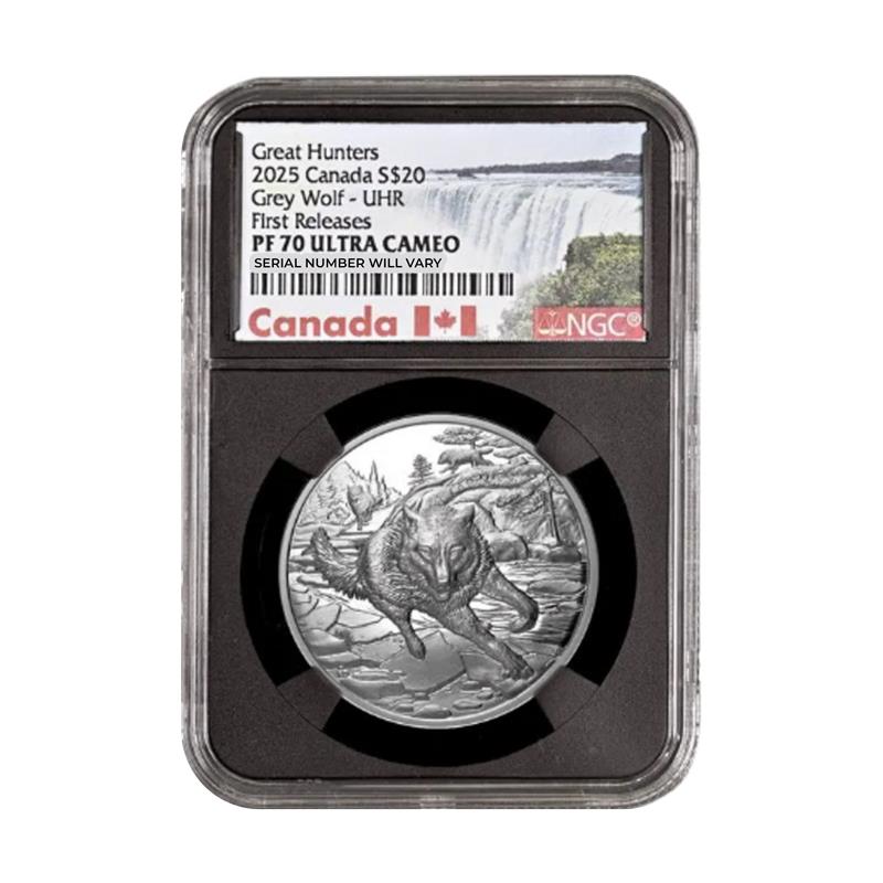 2025 Canada Great Hunters Grey Wolf UHR 1 oz Silver Coin - NGC PF70 UCAM FR - CoinsTV