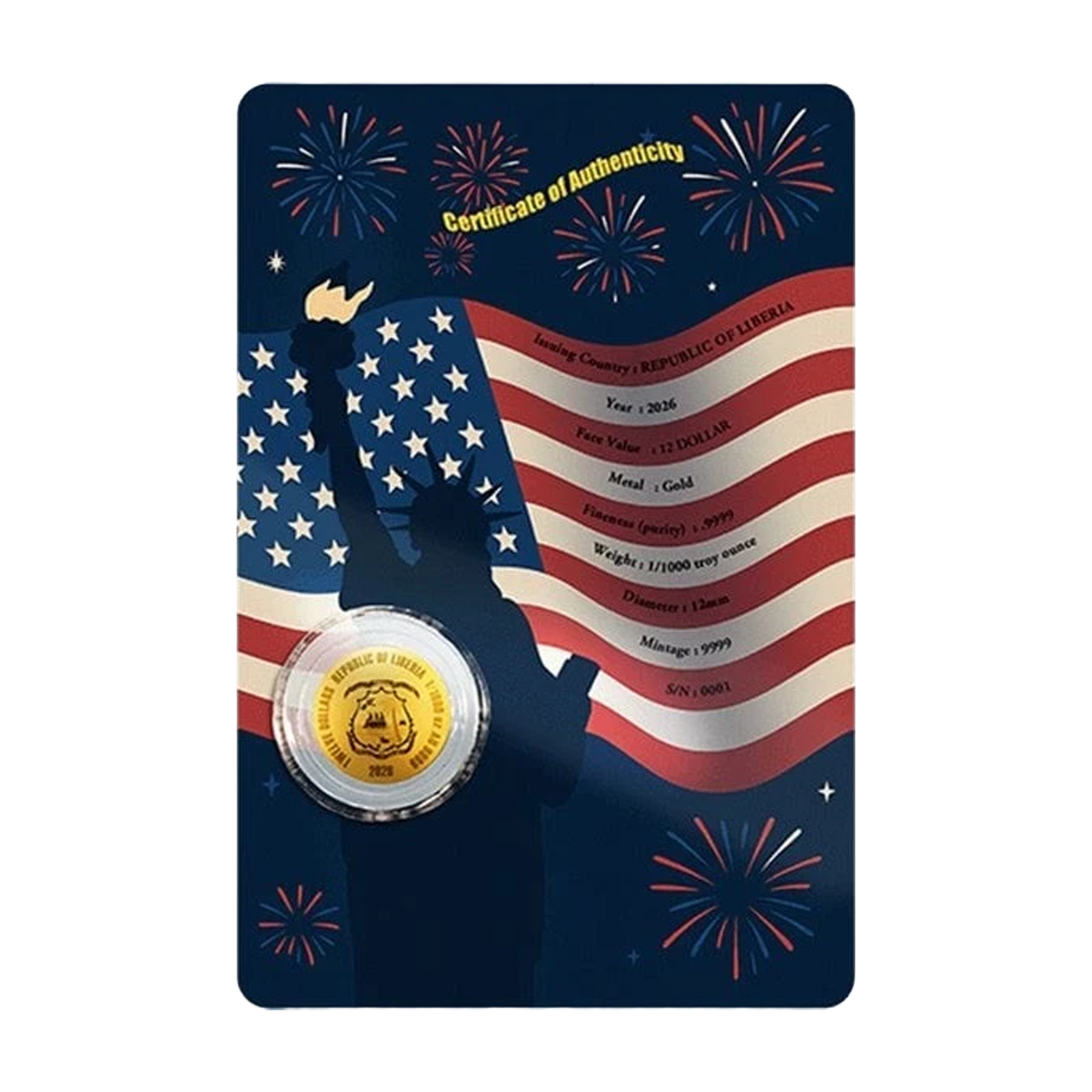 2026 Liberia United We Stand 1/1000 oz Gold Coin in Card - CoinsTV
