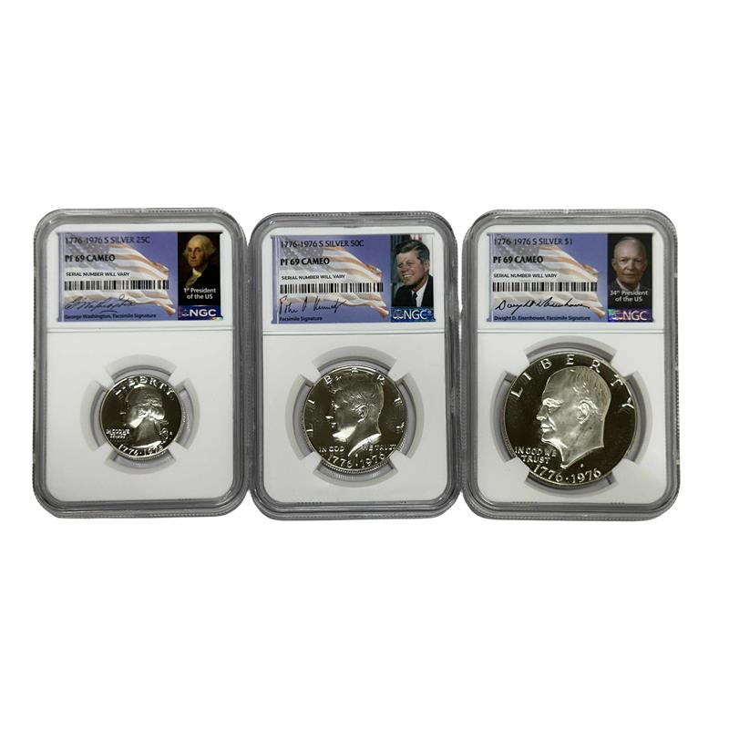 1776-1976 S Bicentennial Silver 3 pcs Set - Signature Labels - NGC PF69 Cameo