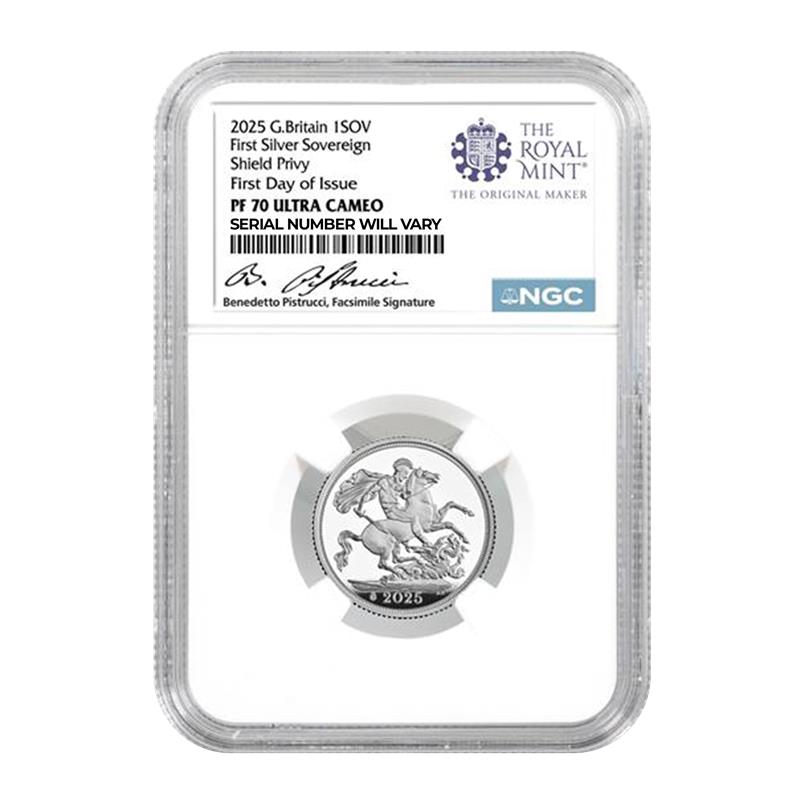 2025 Great Britain First Silver Sovereign Shield Privy - NGC PF70 FDI Benedotto Pistrucci Facsimile Sign - CoinsTV