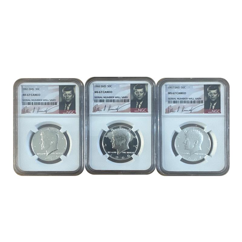 1965-67 Kennedy Half Dollar - Special Mint Set & Kennedy Signature Label - NGC MS67 Cameo 3 pc. Set - CoinsTV