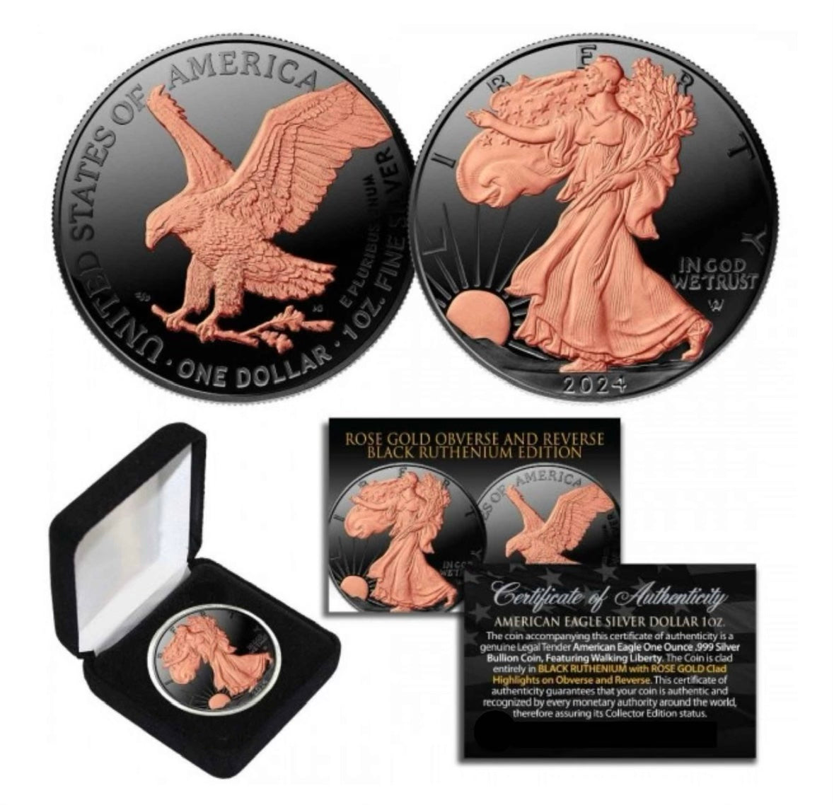 2024 Silver Eagle Black Ruthenium & 24 Kt Rose Gold Enhancement - CoinsTV