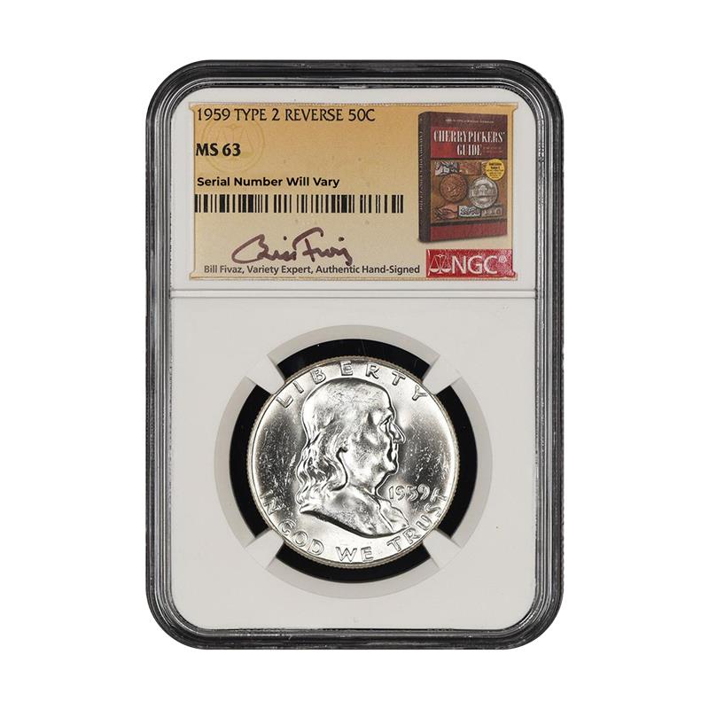 1959 Franklin Silver Half Dollar - Type 2 Reverse - NGC MS63 Fivaz Signed