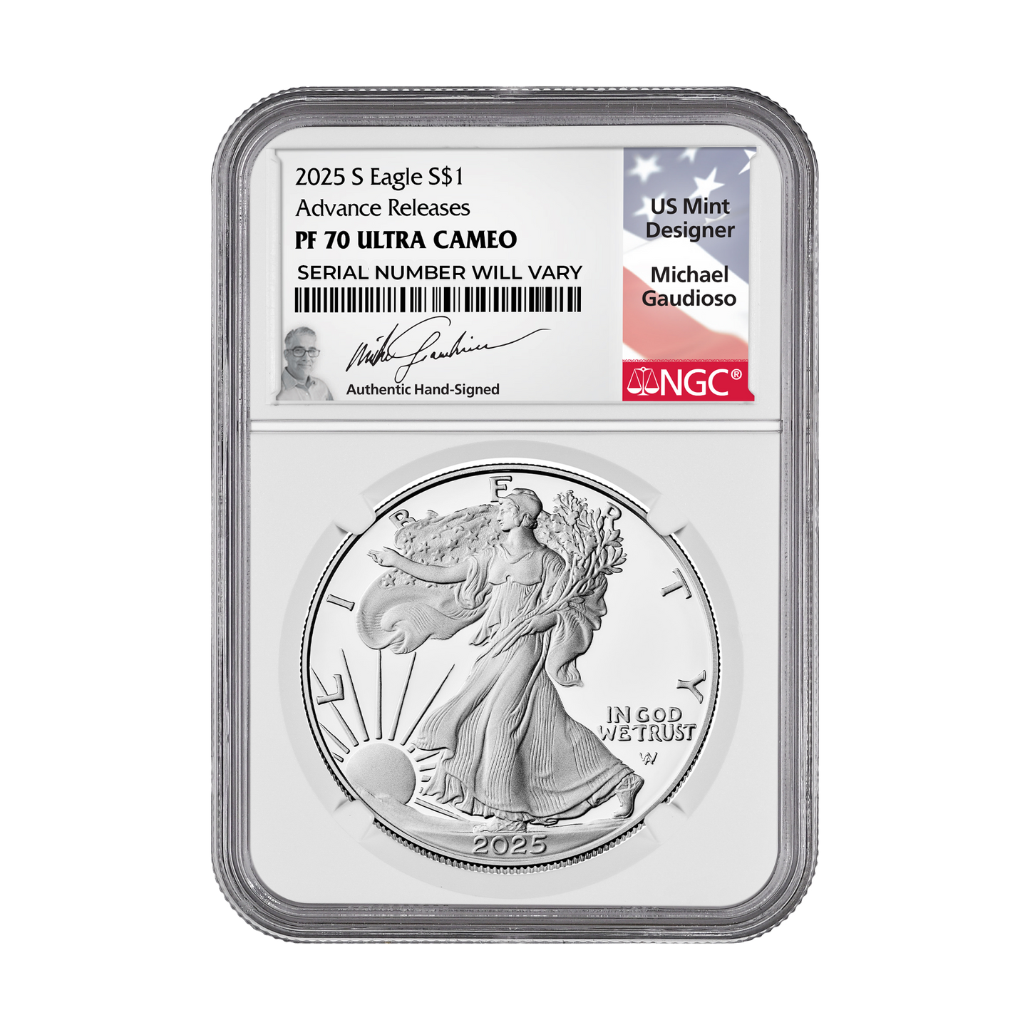 2025-S Silver Eagle - Advance Releases Gaudioso Signature - NGC PF70 UCAM