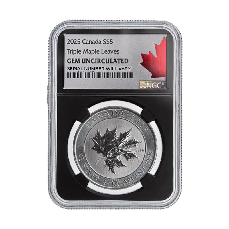2025 $5 Canada Triple Maple Leaves 1 oz Silver - NGC Gem BU w/ Black C