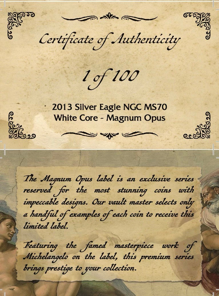 2013 Silver Eagle - Magnum Opus Label - NGC MS70 - CoinsTV