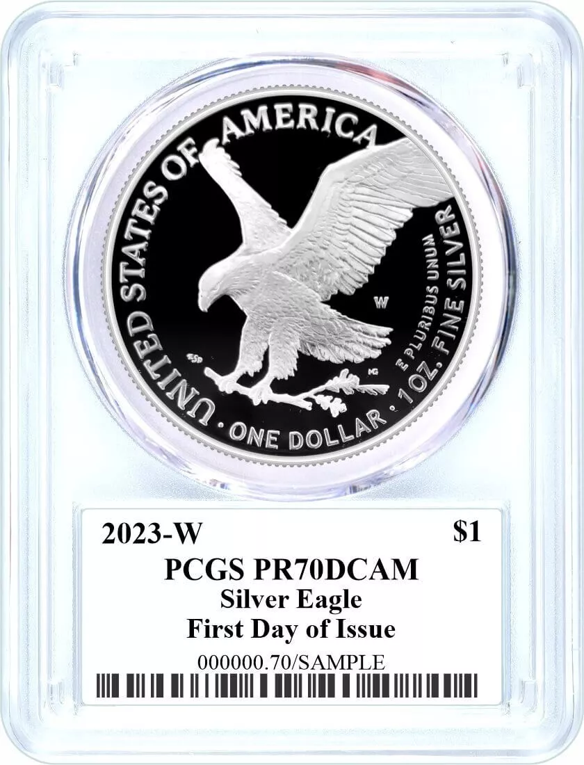 2023-W Silver Eagle - Emily Damstra Signature Label First Day of Issue - PCGS PR70 DCAM - CoinsTV