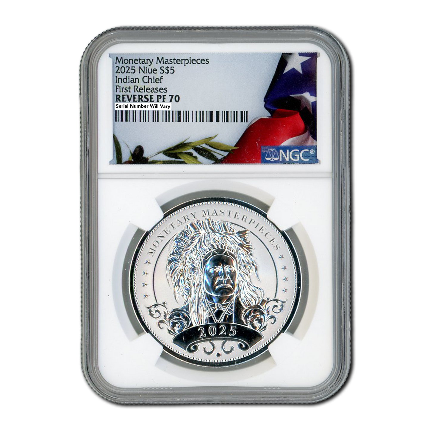 2025 Monetary Masterpieces Fiji 1 oz Silver – Indian Chief Flag Label - NGC 70 FR