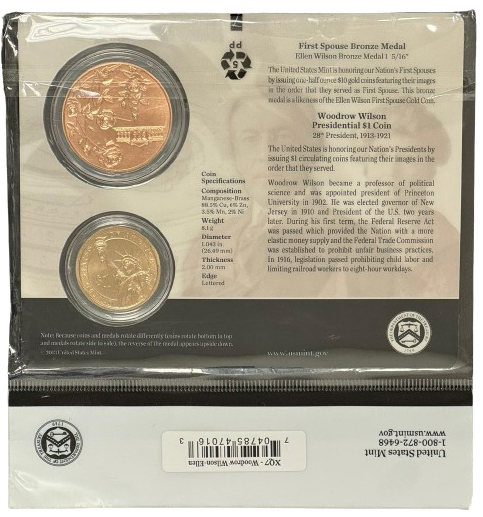 Presidential $1 Coin & First Spouse Bronze Medal Set - Woodrow Wilson - Ellen Wilson - CoinsTV
