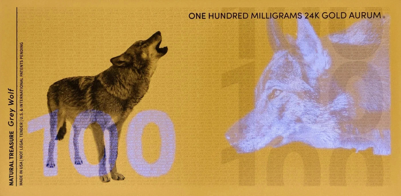 2025 Gray Wolf 100mg 24K Gold Aurum Note - National Treasure Series - CoinsTV