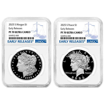 2025-S Morgan and Peace Silver Proof Dollar 2pc Set NGC PF70UC ER Blue Label - CoinsTV