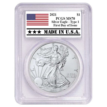2021 Silver Eagle - Made in USA Label - PCGS MS70 FDOI White Frame