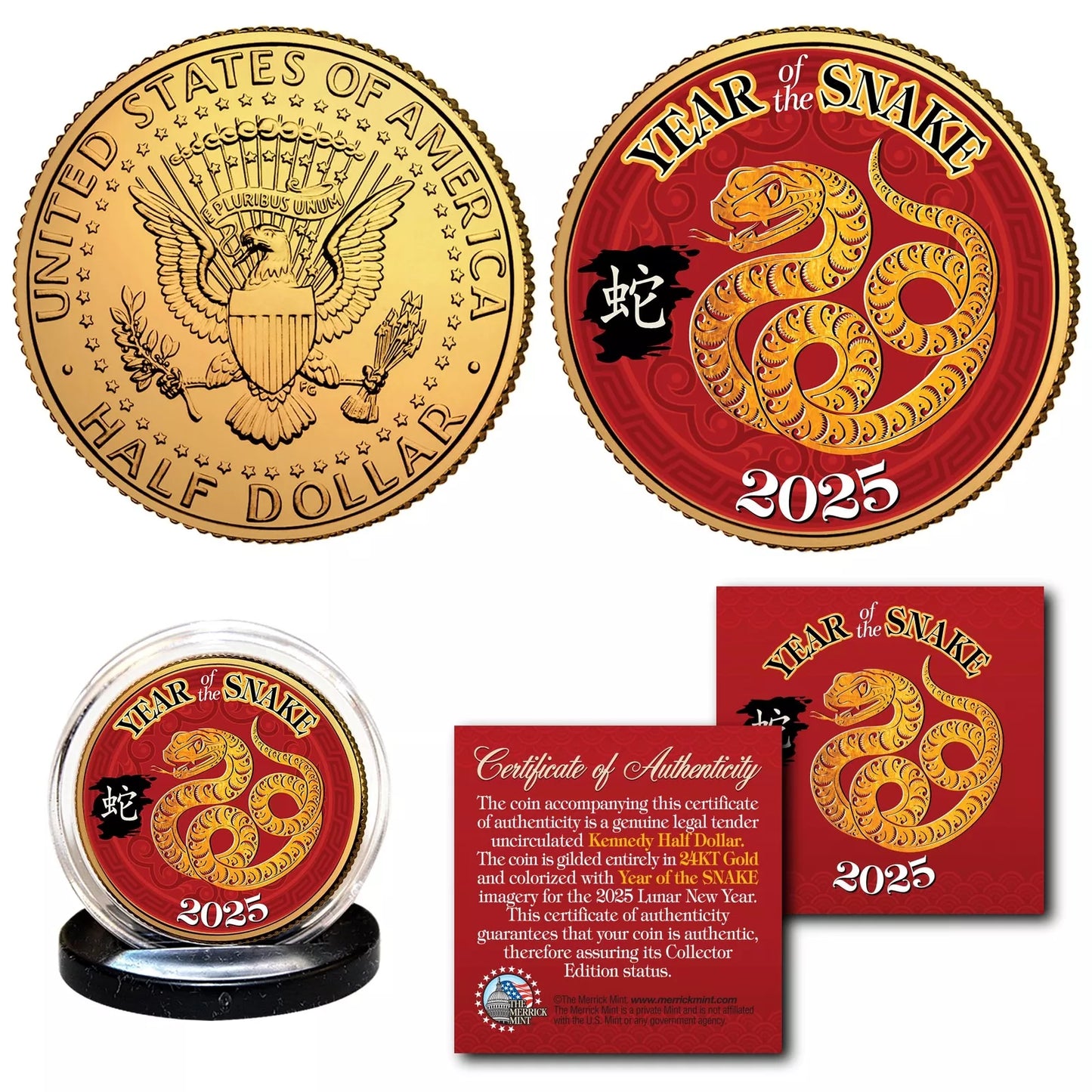 2025 24K Gold Plated JFK Kennedy Half Dollar Coin - Lunar New Year of the Snake - CoinsTV