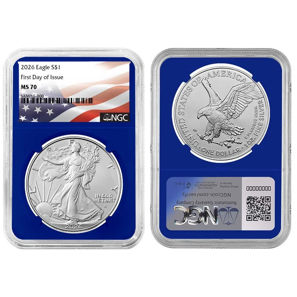 2026 Silver Eagle NGC MS70 FDI Flag Label Red/White/Blue 3pc Set
