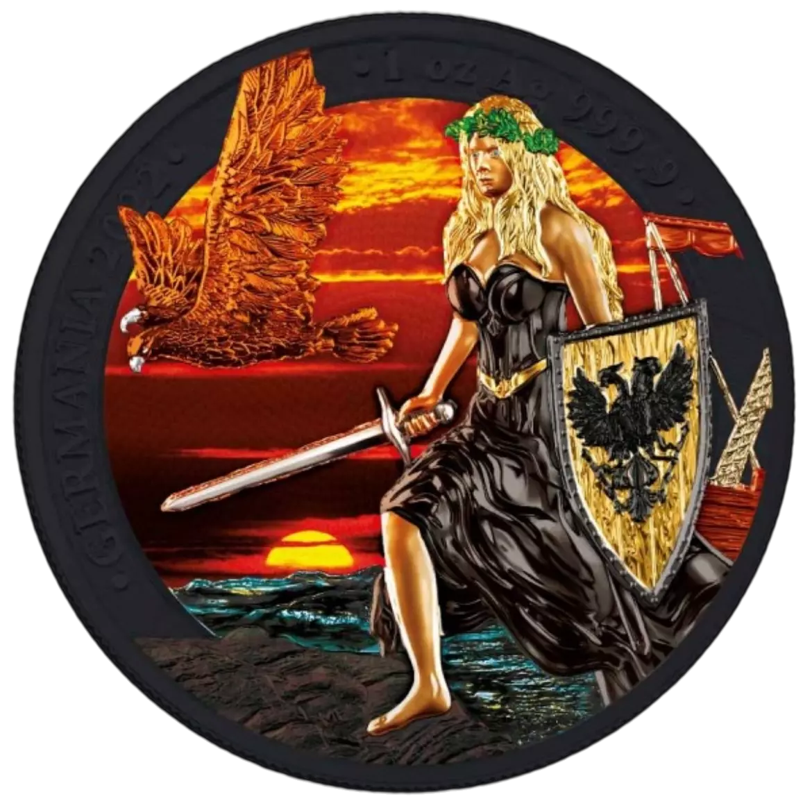 2022 Germania Lady Germania Sunset Black Platinum Edition - 1 oz Silver Coin