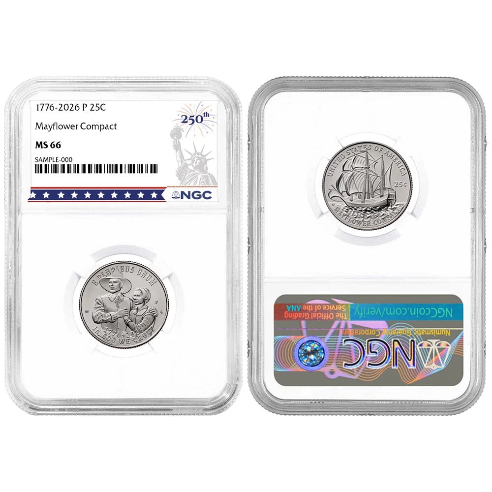 2026 P&D Semiquincentennial Quarter Mayflower Compact 2pc Set NGC MS66 250th Label - CoinsTV