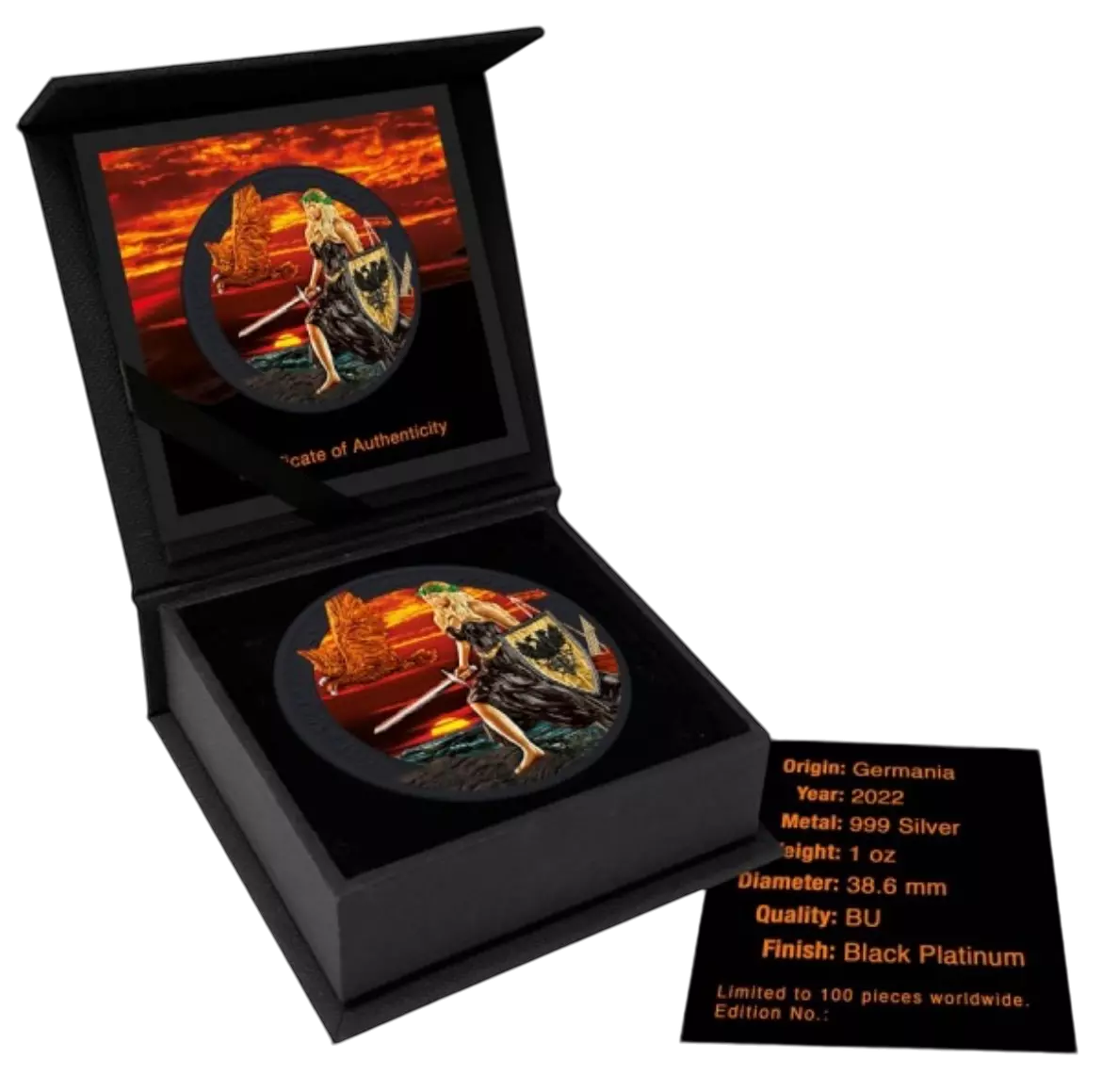 2022 Germania Lady Germania Sunset Black Platinum Edition - 1 oz Silver Coin
