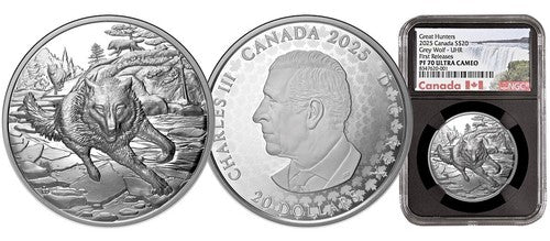 2025 Canada Great Hunters Grey Wolf UHR 1 oz Silver Coin - NGC PF70 UCAM FR - CoinsTV