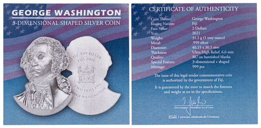 2021 George Washington Ultra High Relief Shaped 1 oz Silver - Fiji