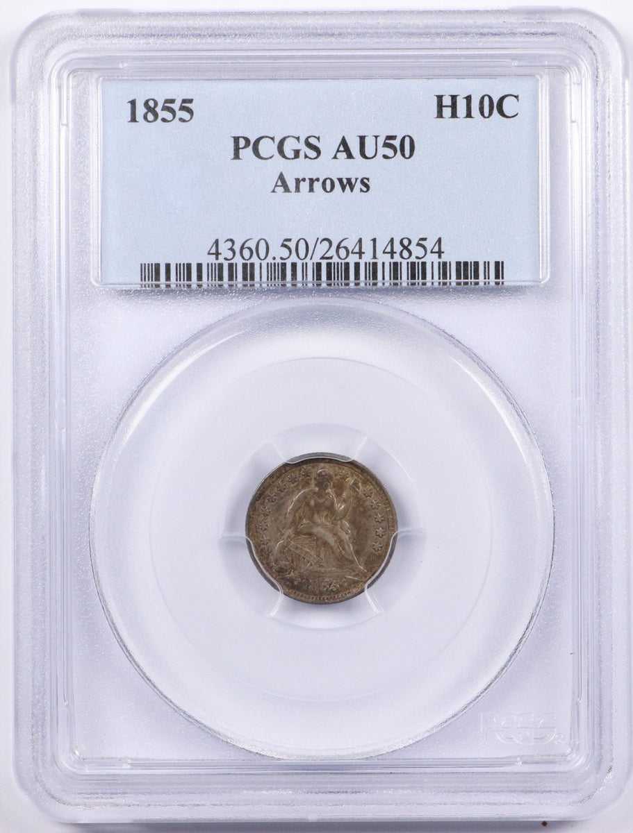 1855 With Arrows Philadelphia Seated Liberty Half Dime PCGS AU50
