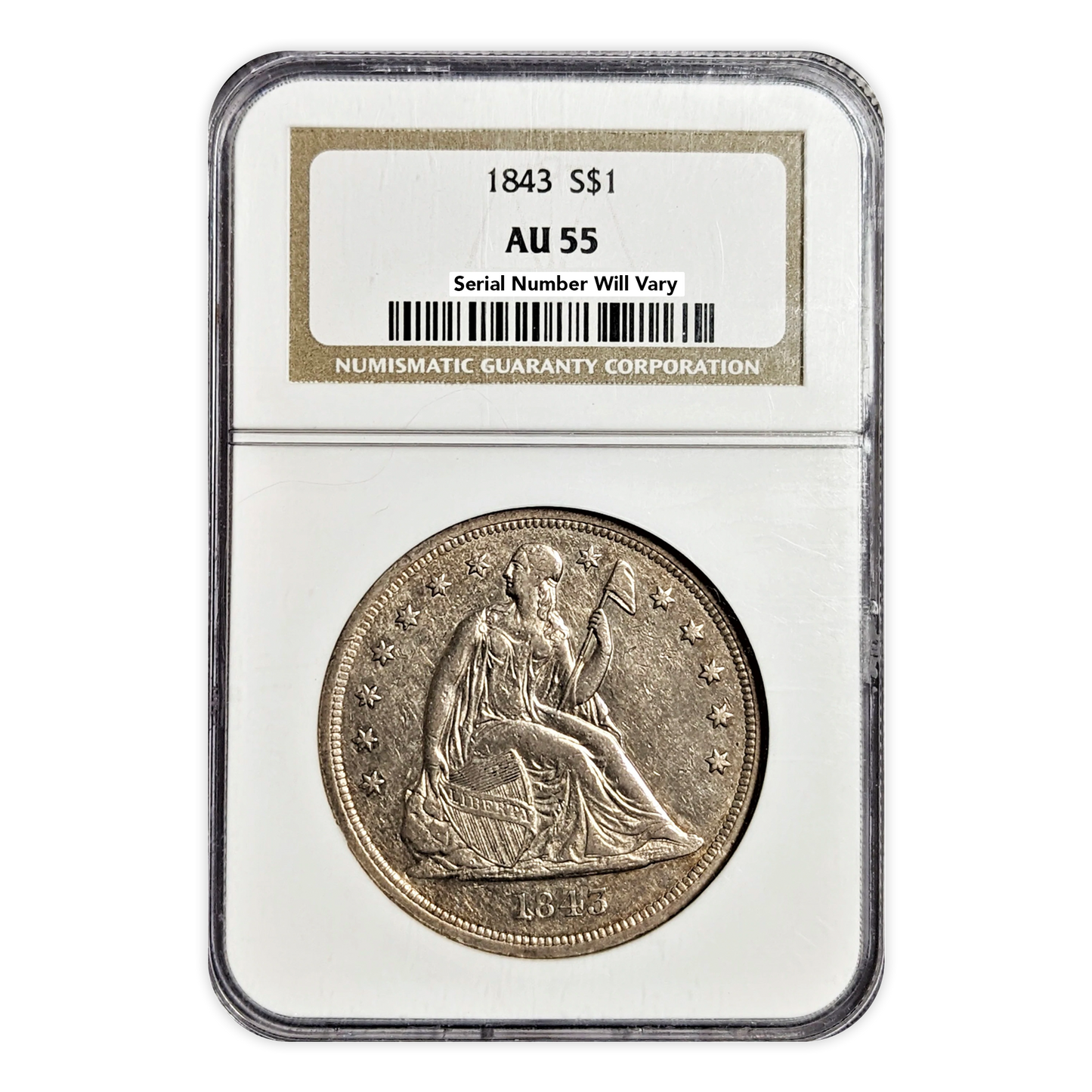1843 Seated Liberty Dollar NGC AU55 Philadelphia - CoinsTV
