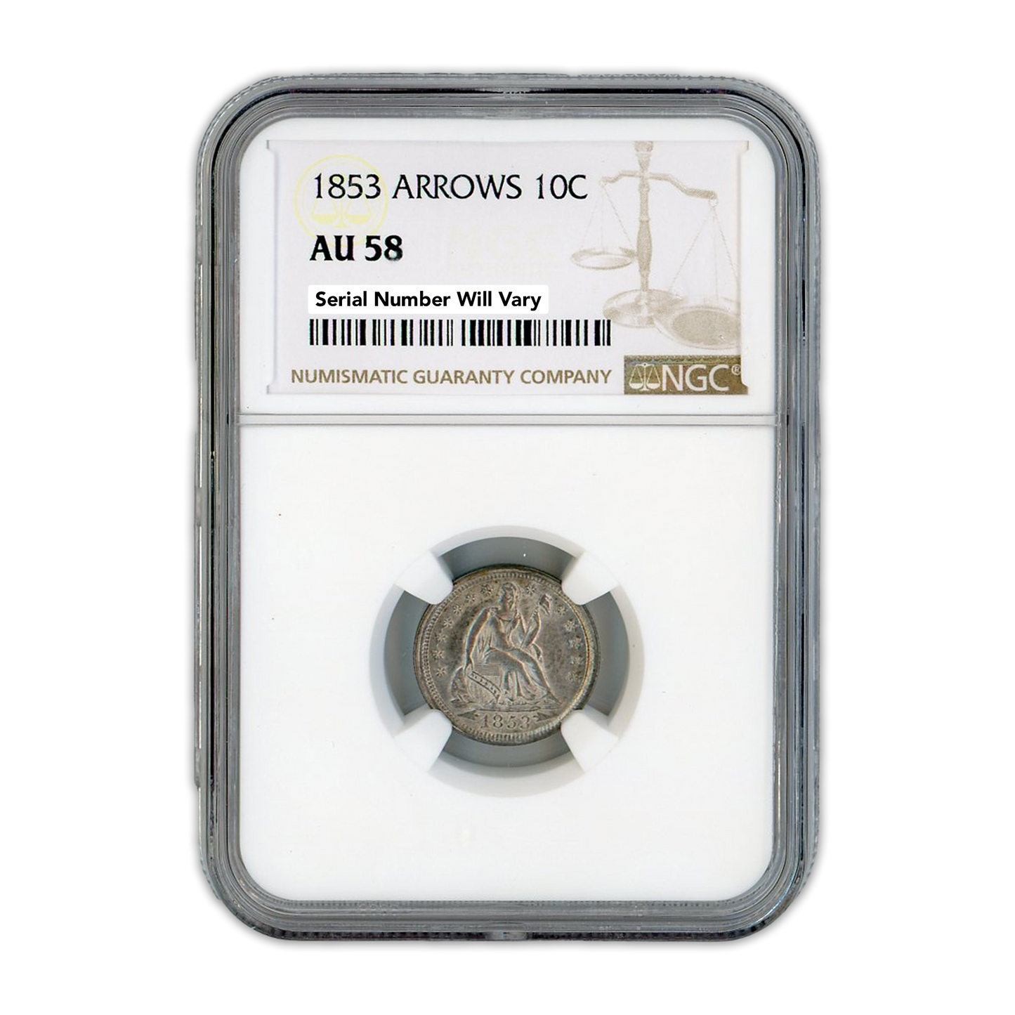 1853 Seated Liberty Dime Arrows NGC AU58 - CoinsTV