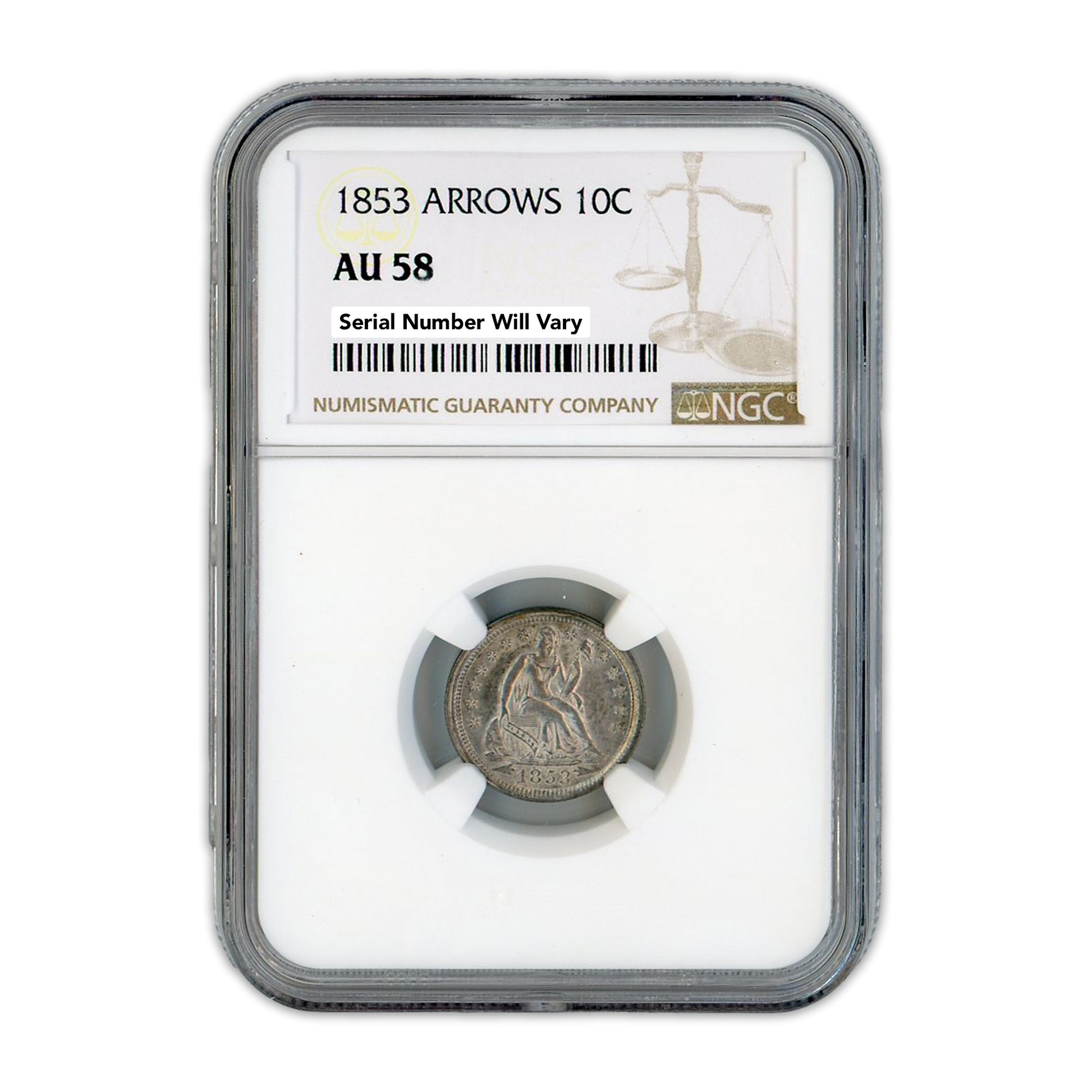 1853 Seated Liberty Dime Arrows NGC AU58 - CoinsTV