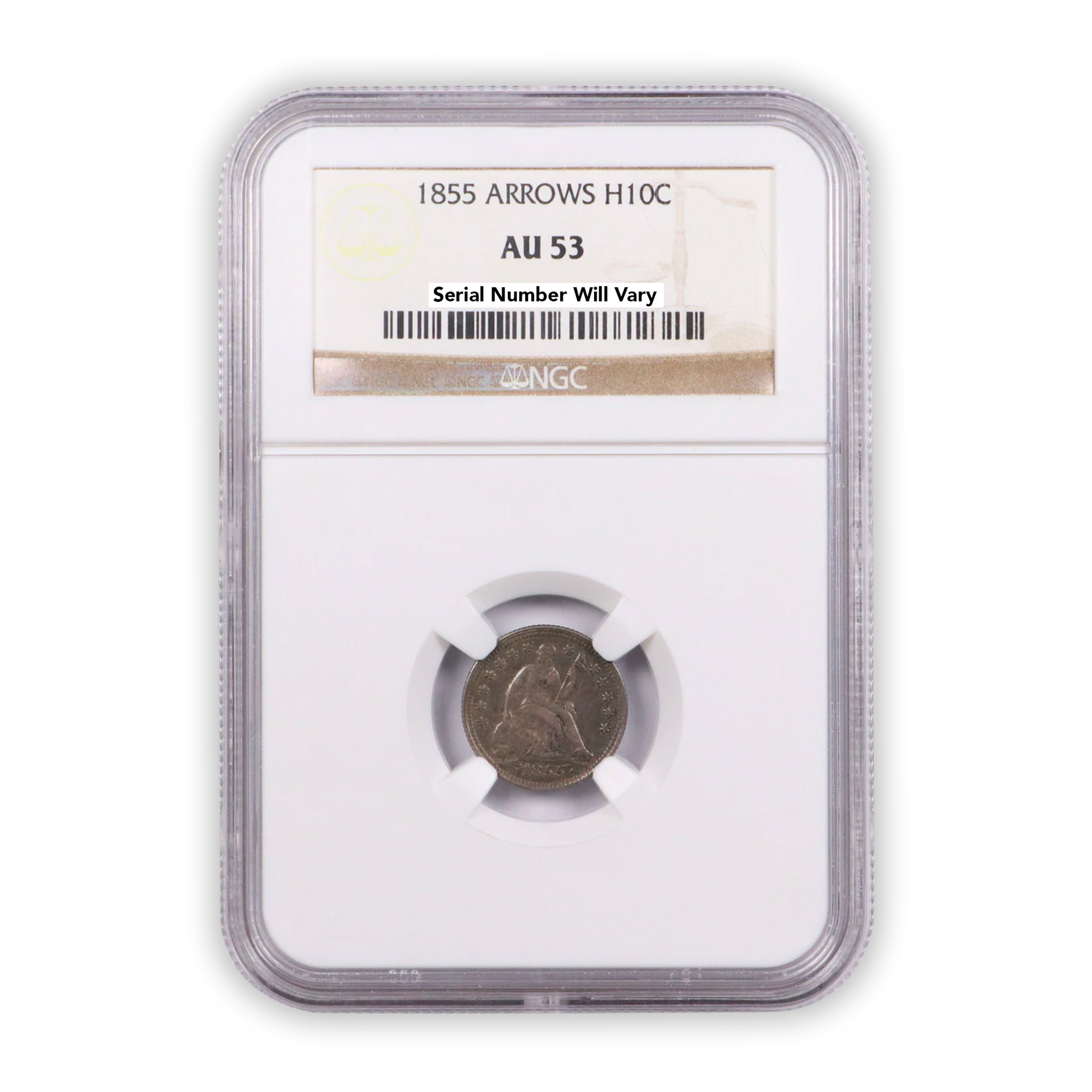 1855 With Arrows Seated Liberty Half Dime PCGS AU53 - CoinsTV