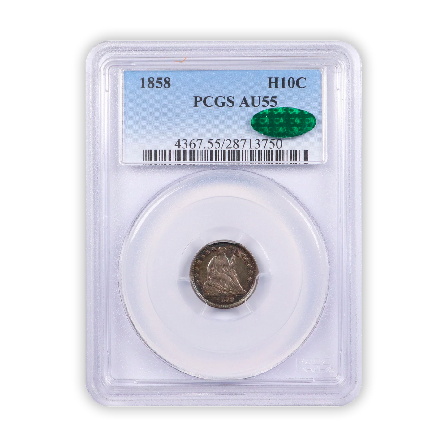 1858 Seated Liberty Half Dime - PCGS AU55 CAC - CoinsTV