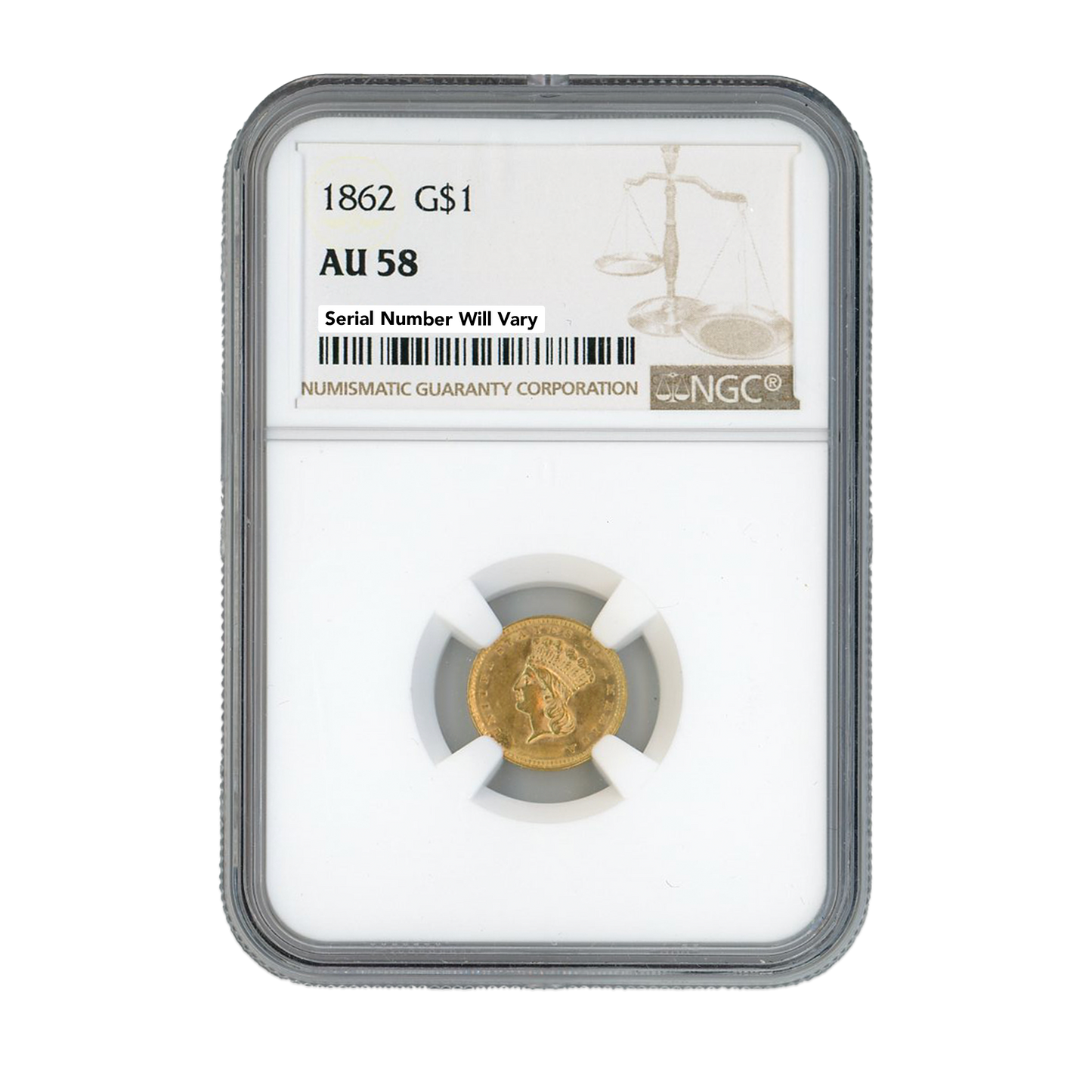1862 G $1 Gold Liberty Head NGC AU58