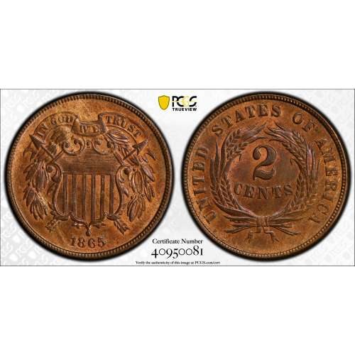 1865 Two Cent Piece Fancy 5 - PCGS MS64 RB - CoinsTV