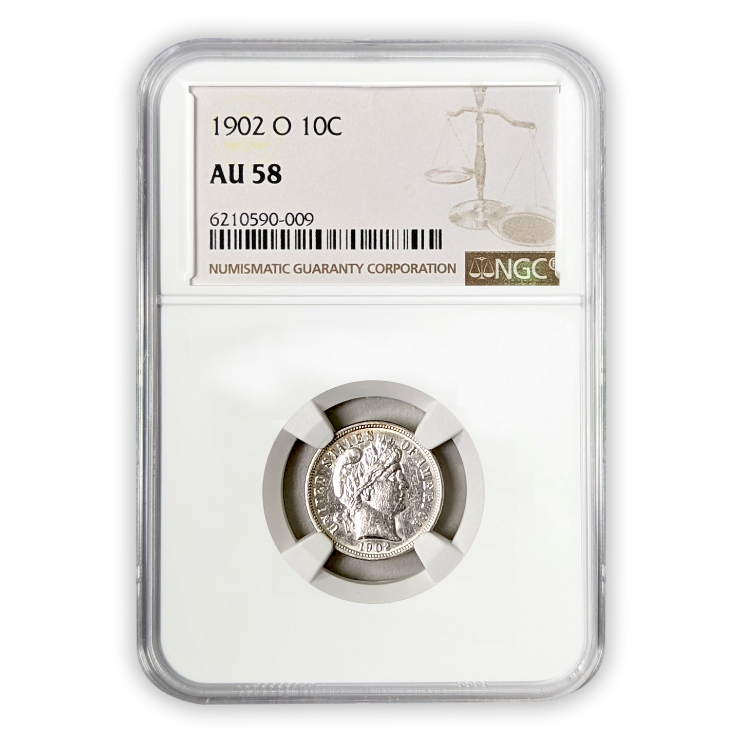 1902 O Barber Dime New Orleans NGC AU58