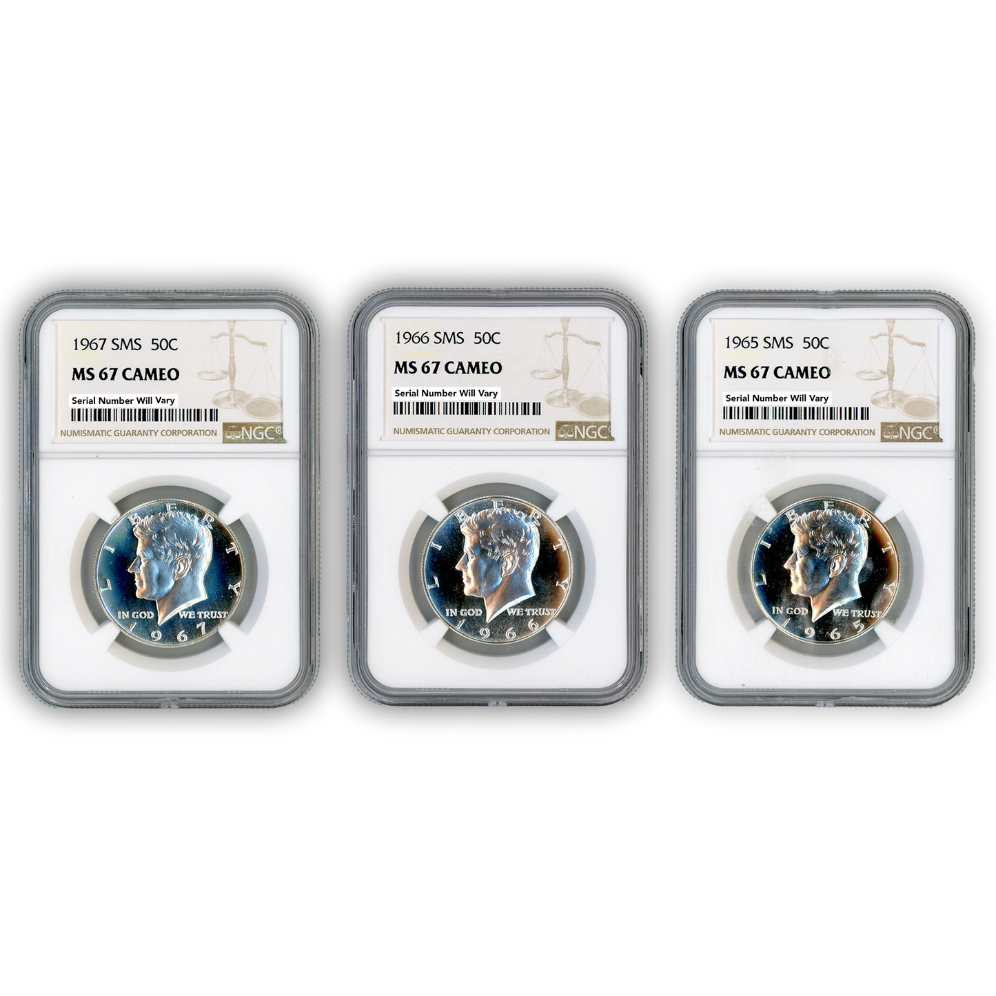 1965-67 Kennedy Half Dollar - Special Mint Set - NGC MS67 Cameo 3 pc. Set