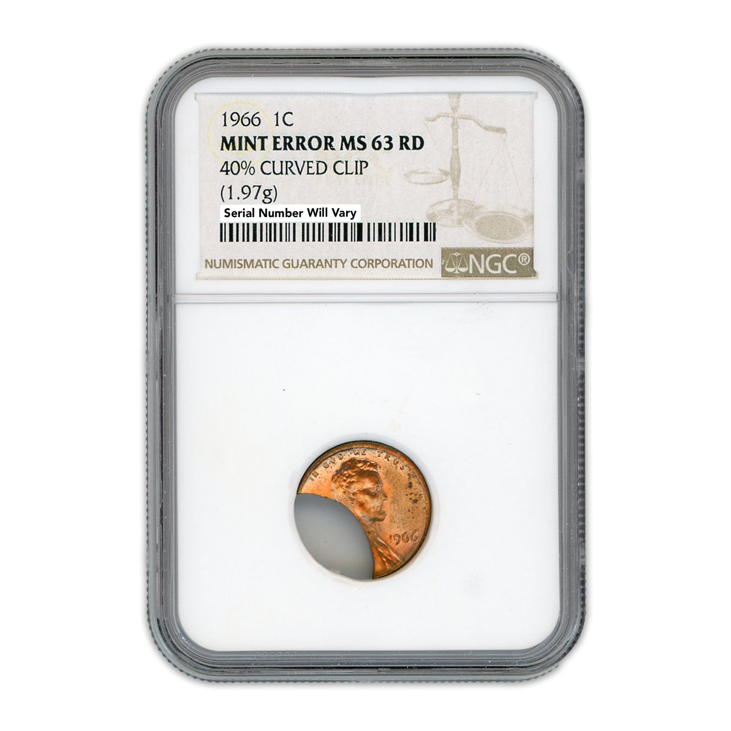 1966 Lincoln Cent Broadstruck On 40% Curved Clip - Mint Error NGC MS63 RD