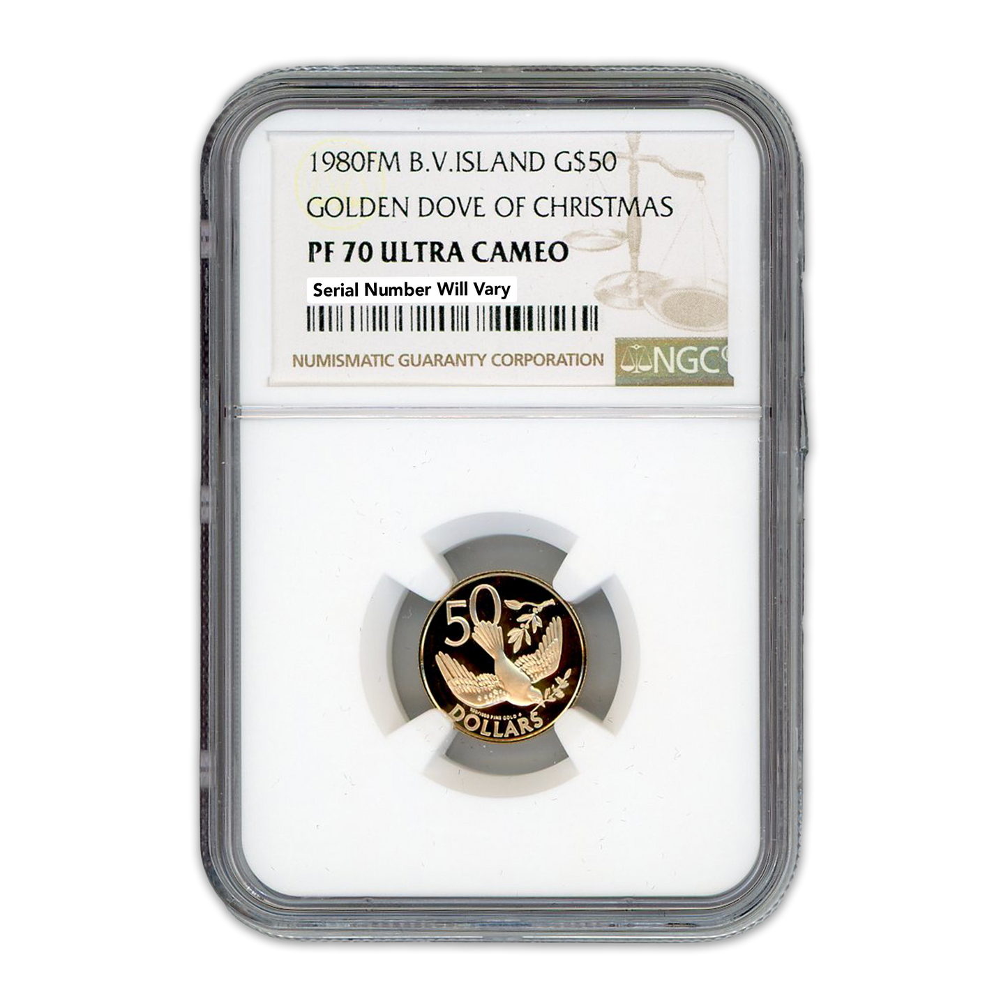 1980 FM B.V Island $50 Golden Dove of Christmas - NGC PF70 Ultra Cameo