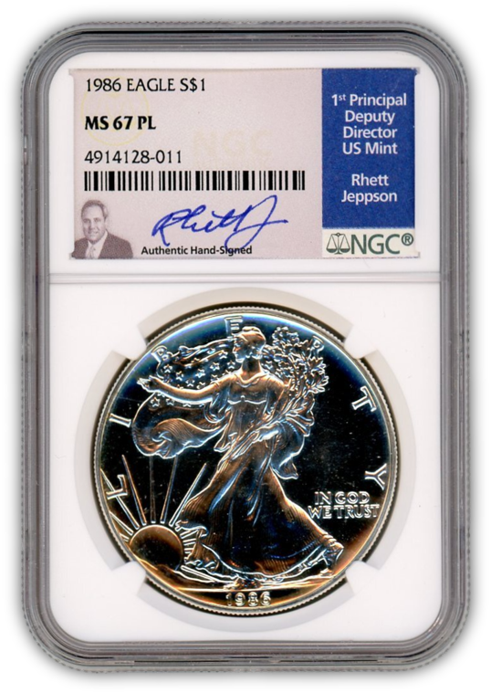1986 Silver Eagle - Business Strike - NGC MS67PL Prooflike - Jeppson Label
