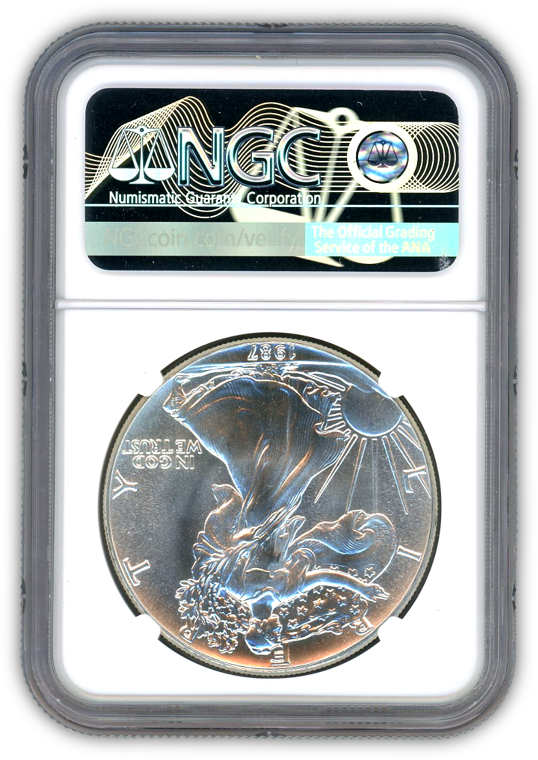 1987 Silver Eagle - Business Strike - Major Struck Through - NGC 69 - CoinsTV