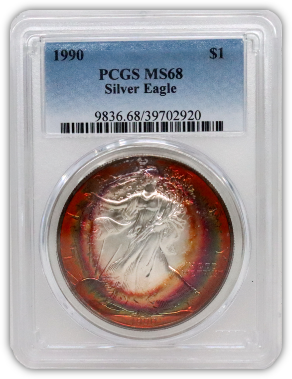 1990 Silver Eagle - Business Strike - PCGS MS68 - Deep Rainbow Toned - CoinsTV