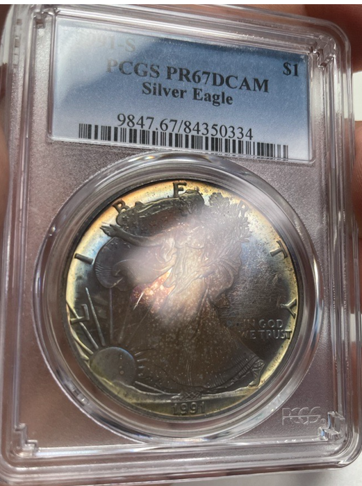 1991 S Silver Eagle - Beautiful Toning - PCGS PR67 Deep Cameo