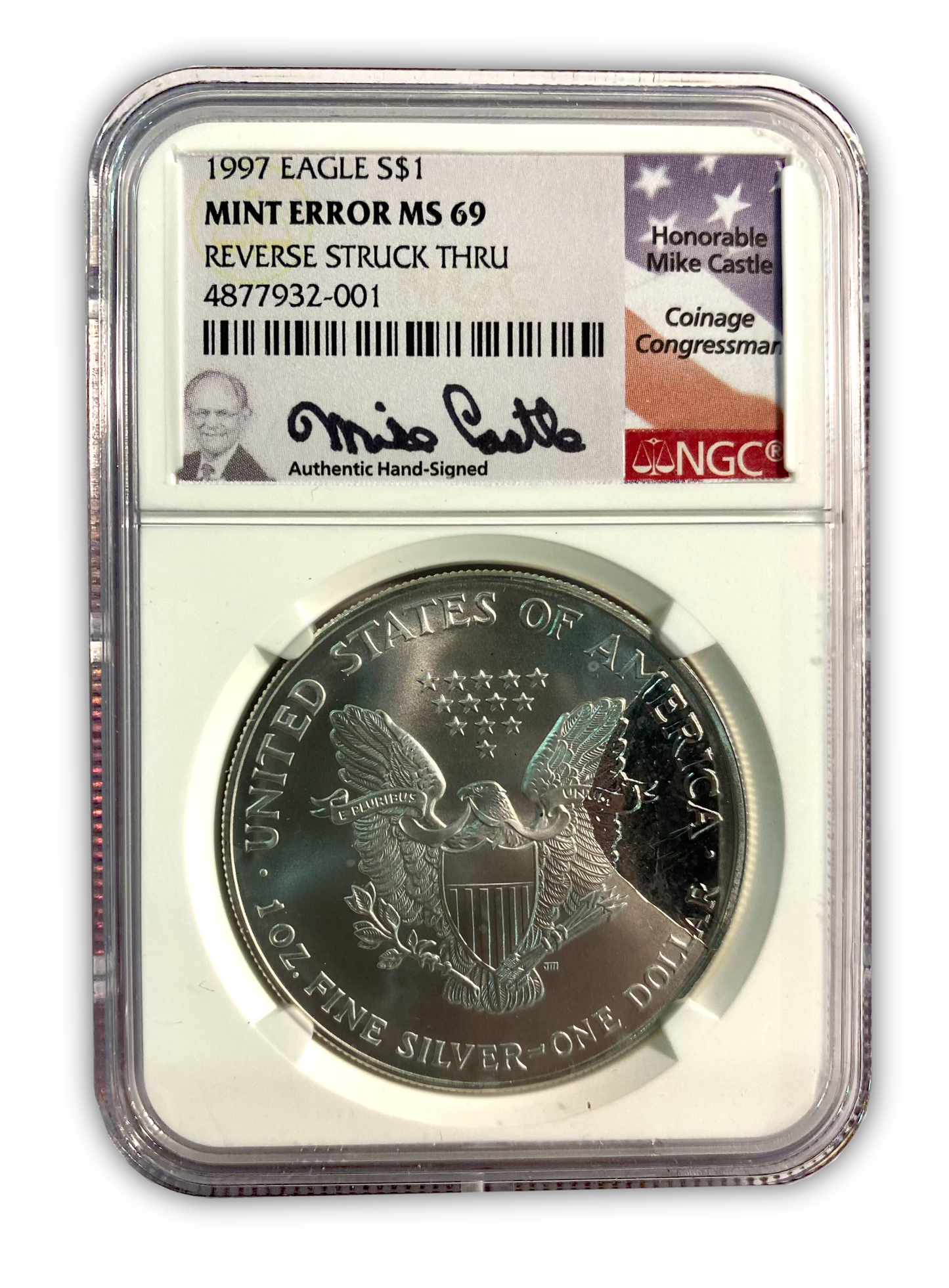 1997 Silver Eagle - Business Strike - Major Struck Through - NGC 69 - Castle Label - CoinsTV